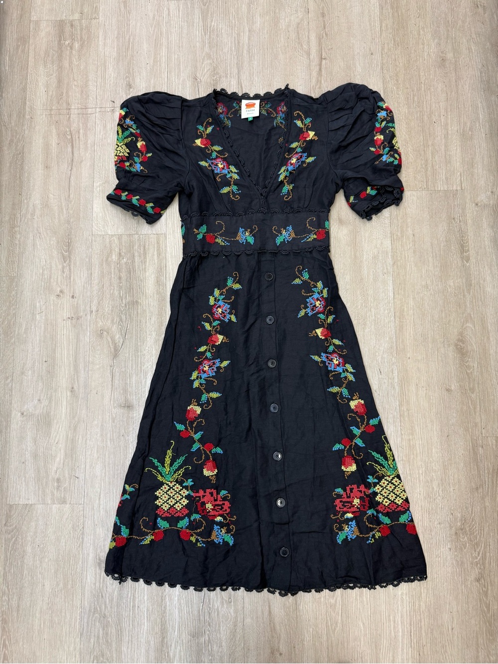 FARM RIO Black Cross Stitch V Neck Dress S - Picture 2 of 5